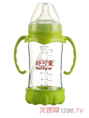 好可愛寬口自動(dòng)吸管手柄弧形晶鉆玻璃奶瓶240ML