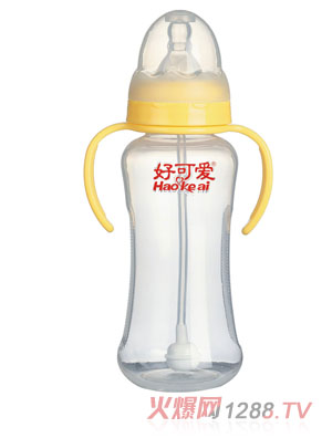 好可愛標(biāo)口自動(dòng)吸管手柄弧形奶瓶300ml